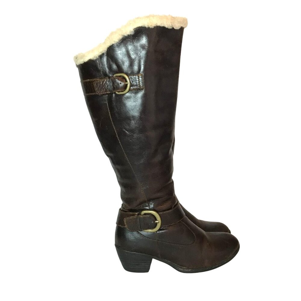 BORN Womens 7 Tall Brown Leather Tall Riding Boots Shearling Lined Warm